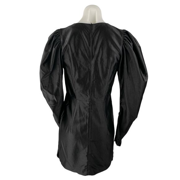 Rotate Black Silky Satin V-Neck Long Puff Sleeve Mini A-Line Wrap Dress Size 4 - Picture 2 of 4